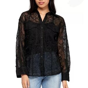 Joie Noa Sheer Lace Top Long Sleeves Button Front Camisole Lining Black L NWT
